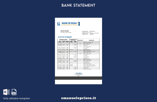 modello word di estratto conto bancario della Banca del Ruanda di Kigali in stil